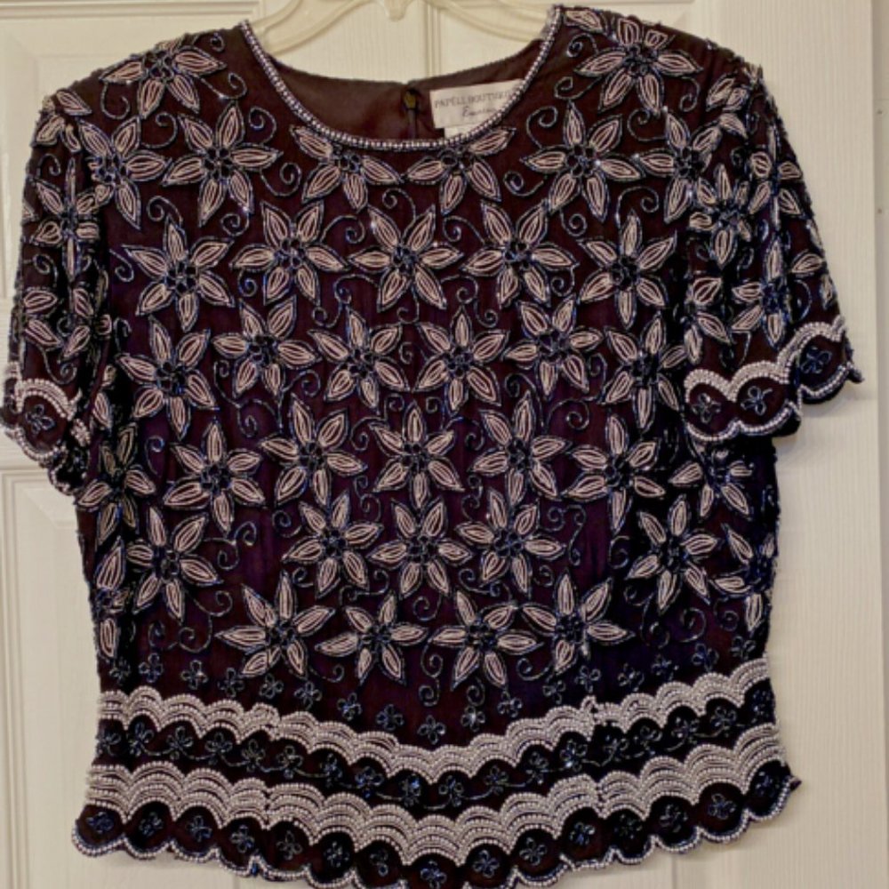Papell Boutique Evening Beaded Silk Top - Size L Cruise, Formal, Wedding